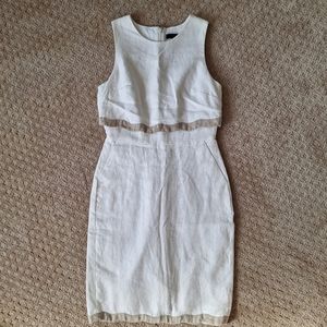 J. Crew 100% LINEN white and beige lined scalloped dress pockets Womans size 2